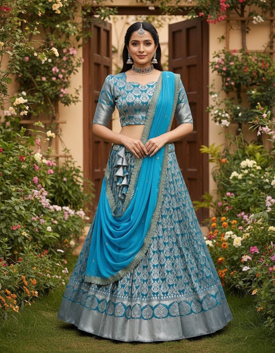 Exquisite Silver Zari work on a classic Teal Silk Lehenga