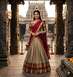 Royal Beige Silk Lehenga with Red & Gold Border | Elegant South Indian Festive Wear
