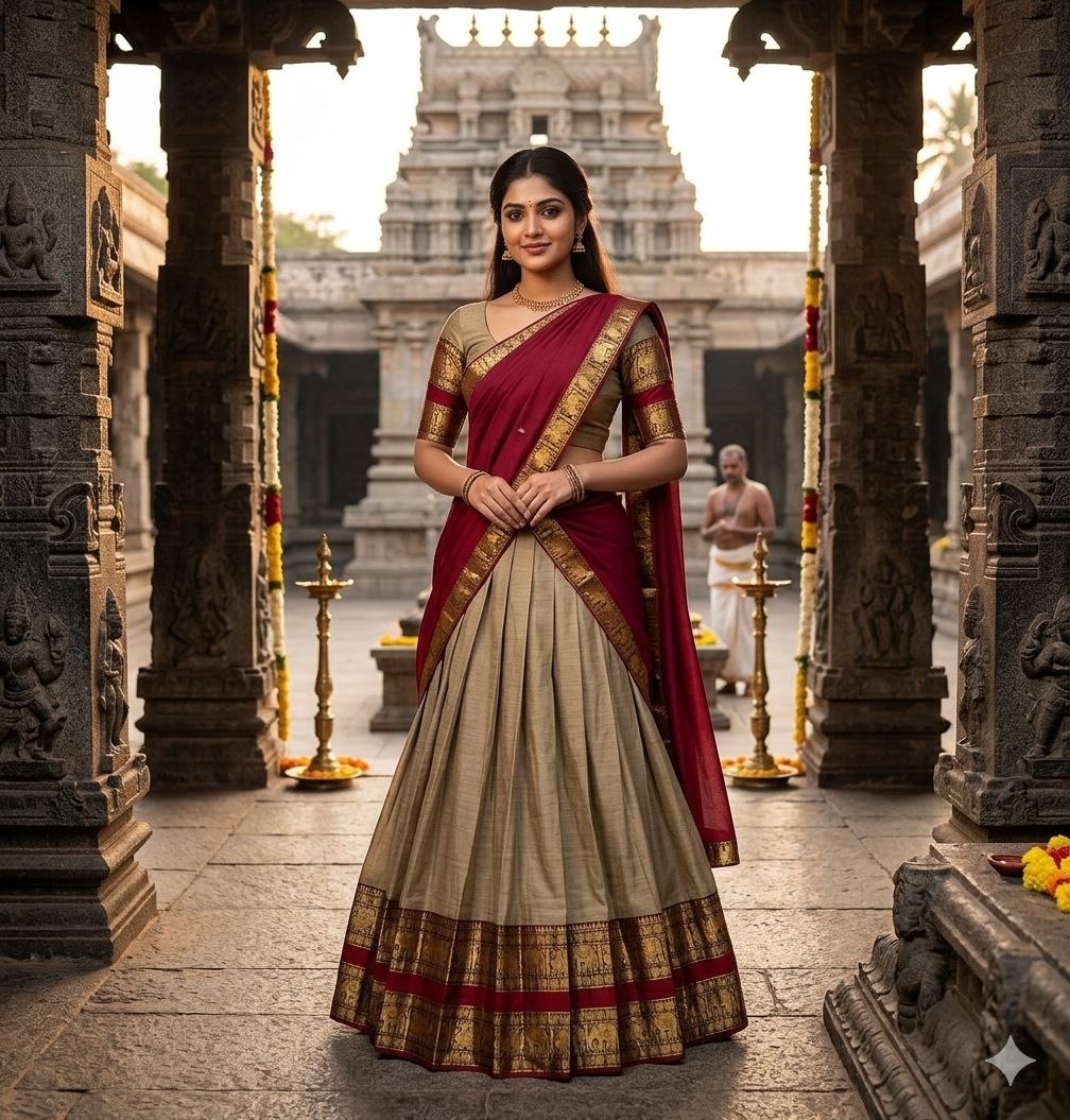 Royal Beige Silk Lehenga with Red & Gold Border | Elegant South Indian Festive Wear