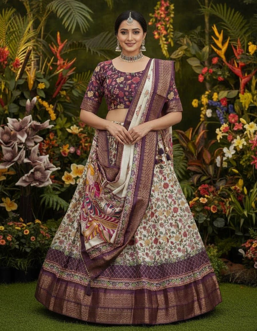 Cream Patola Lehenga with Detailed Kalamkari Peacock Pallu and Rich Purple Zari Borders