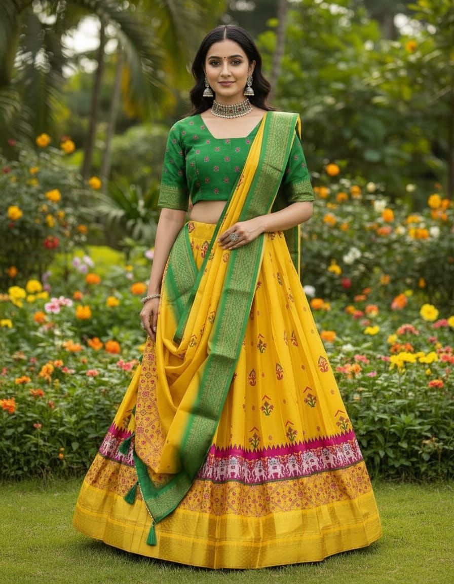 Vibrant Yellow and Green Traditional Kalamkari Print Lehenga Choli Set