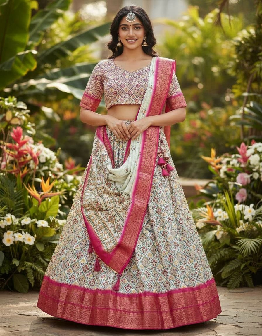 Cream and Magenta Geometric Print Ethnic Lehenga Set with Rich Zari Work