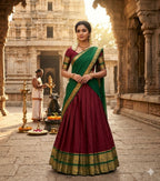 Royal Maroon Silk Lehenga with Green Dupatta & Gold Temple Border | Elegant South Indian Ethnic Wear