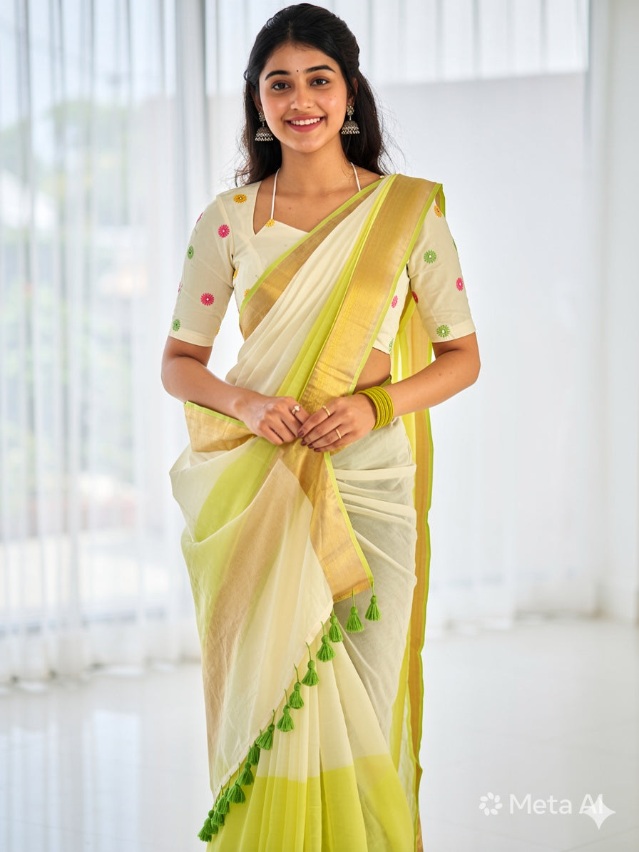 Elegant Cream & Lime Green Handloom Cotton Saree