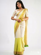 Elegant Cream & Lime Green Handloom Cotton Saree