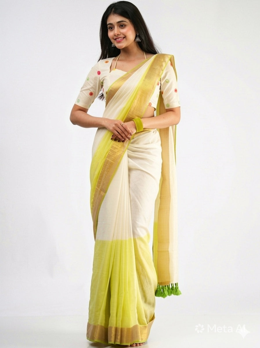 Elegant Cream & Lime Green Handloom Cotton Saree