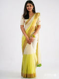 Elegant Cream & Lime Green Handloom Cotton Saree