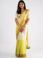 Elegant Cream & Lime Green Handloom Cotton Saree