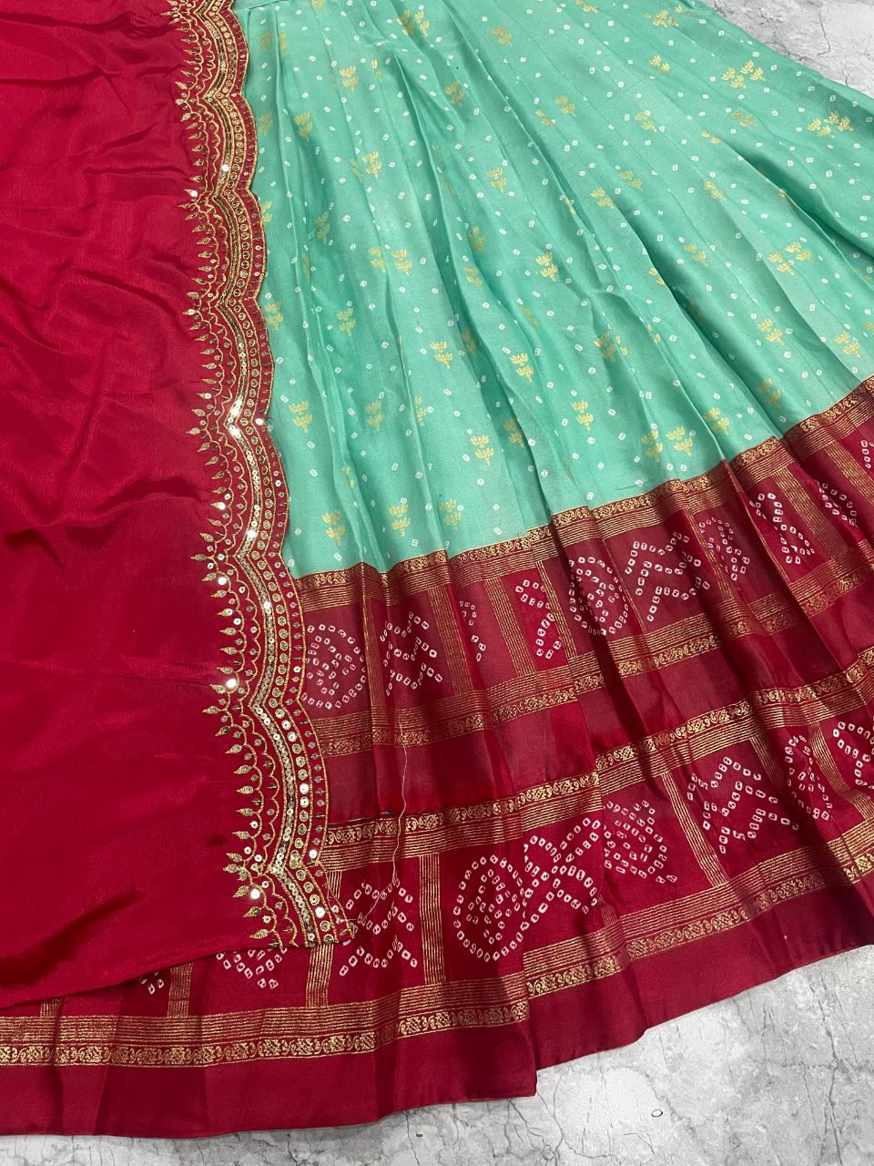 Classic Mint & Maroon Bandhani Lehenga