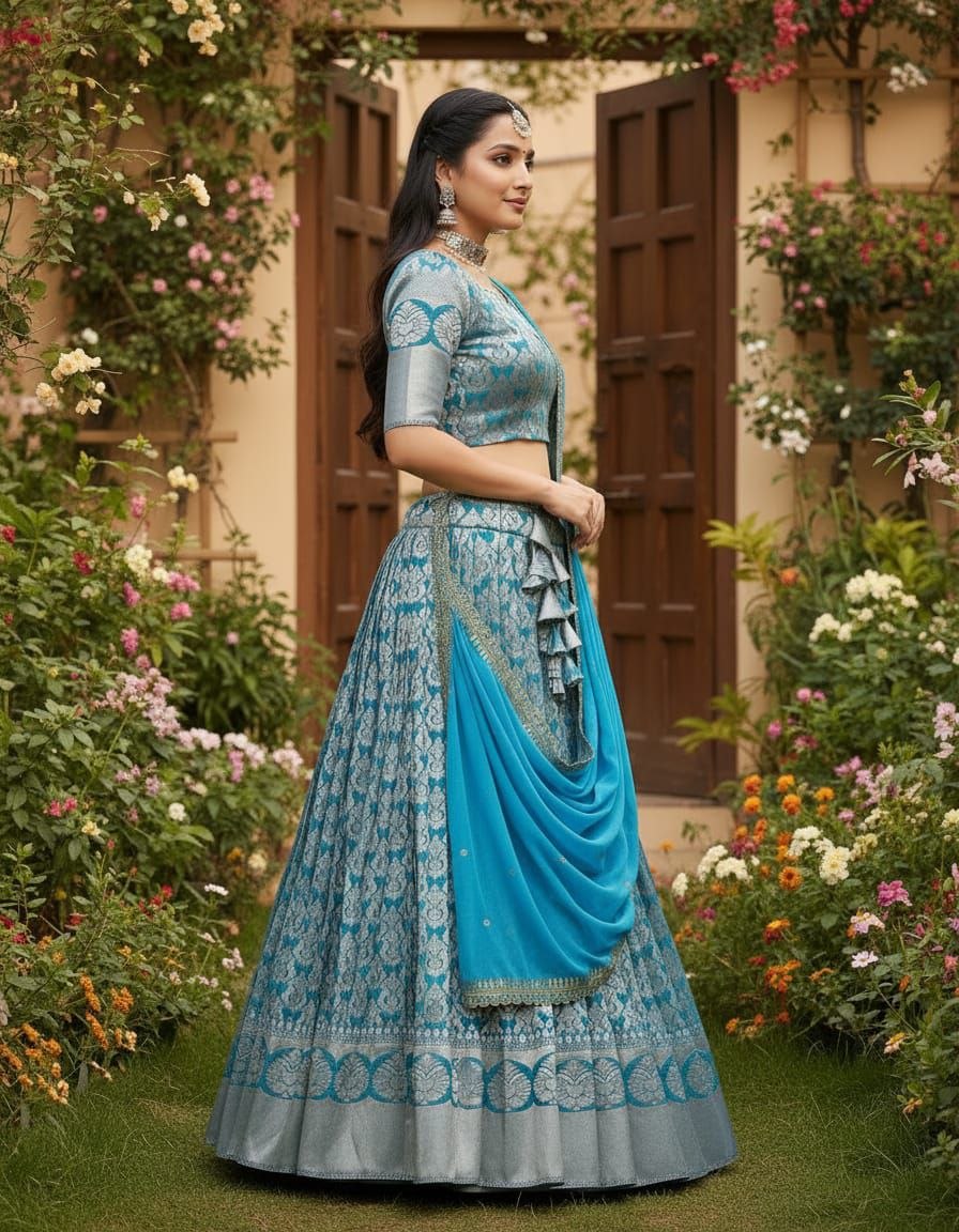 Exquisite Silver Zari work on a classic Teal Silk Lehenga