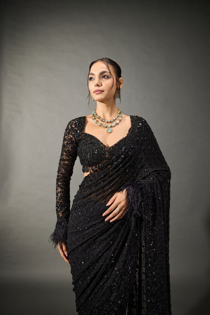 Intricately Embroidered Net Saree with Artisanal Mirror-Work Border