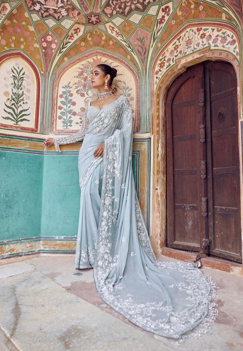 Vibrant Mustard & Georgette Saree with Hand-Crafted Mirror-Work Border and Floral Sequin Buttis