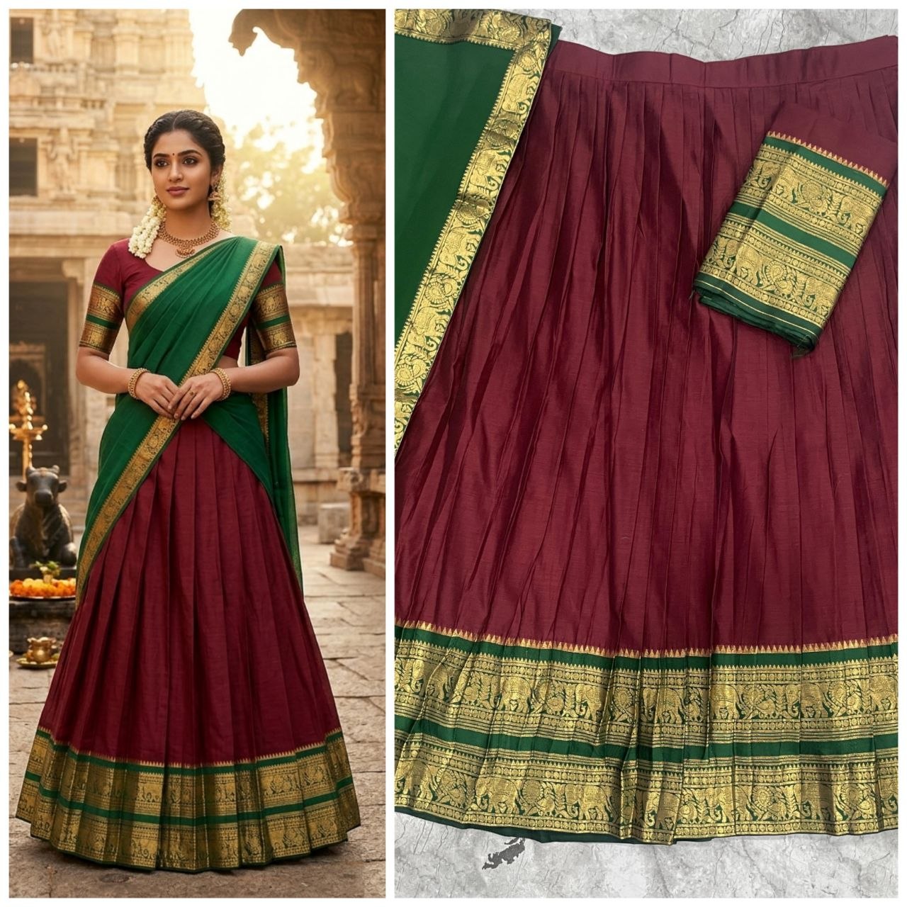 Royal Maroon Silk Lehenga with Green Dupatta & Gold Temple Border | Elegant South Indian Ethnic Wear