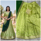 Vibrant Lime Green and Dark Green Traditional Kanchipuram Silk Lehenga Choli Set