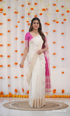Timeless Grace Classic White and Magenta Handloom Saree