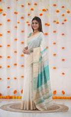 Serene Elegance Classic White and Teal Handloom Saree