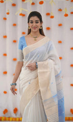 Refined Grace Soft White and Pastel Blue Handloom Saree Ensemble