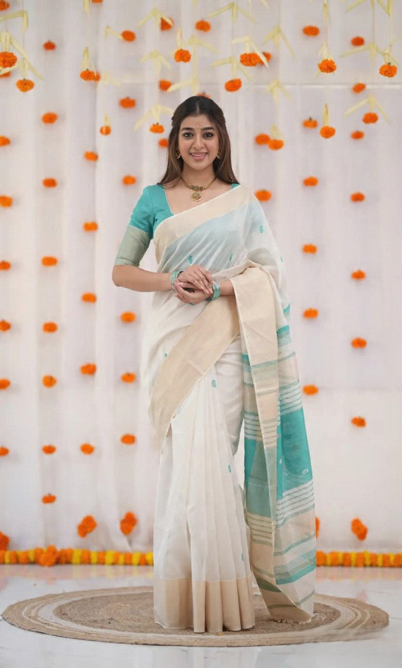 Serene Elegance Classic White and Teal Handloom Saree