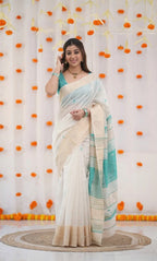 Serene Elegance Classic White and Teal Handloom Saree