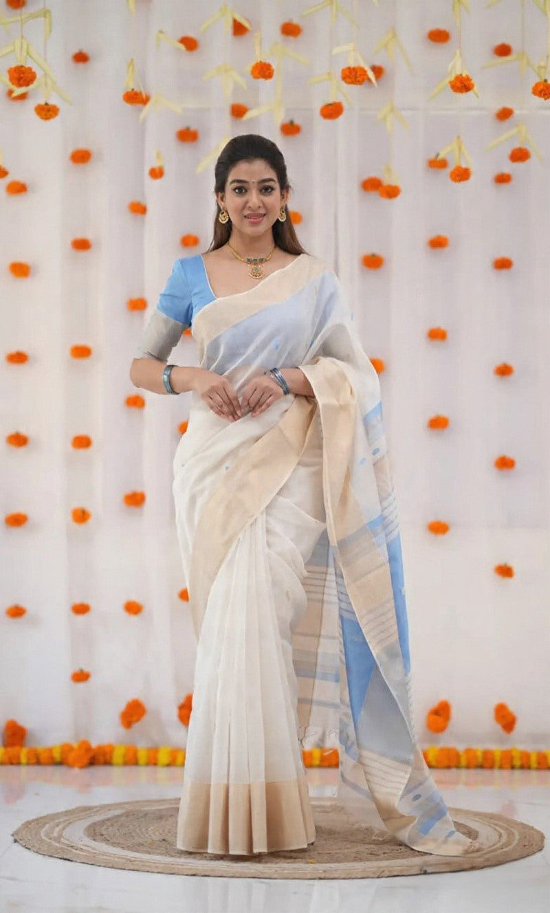 Refined Grace Soft White and Pastel Blue Handloom Saree Ensemble