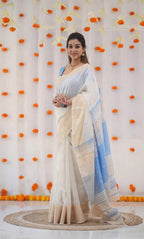 Refined Grace Soft White and Pastel Blue Handloom Saree Ensemble