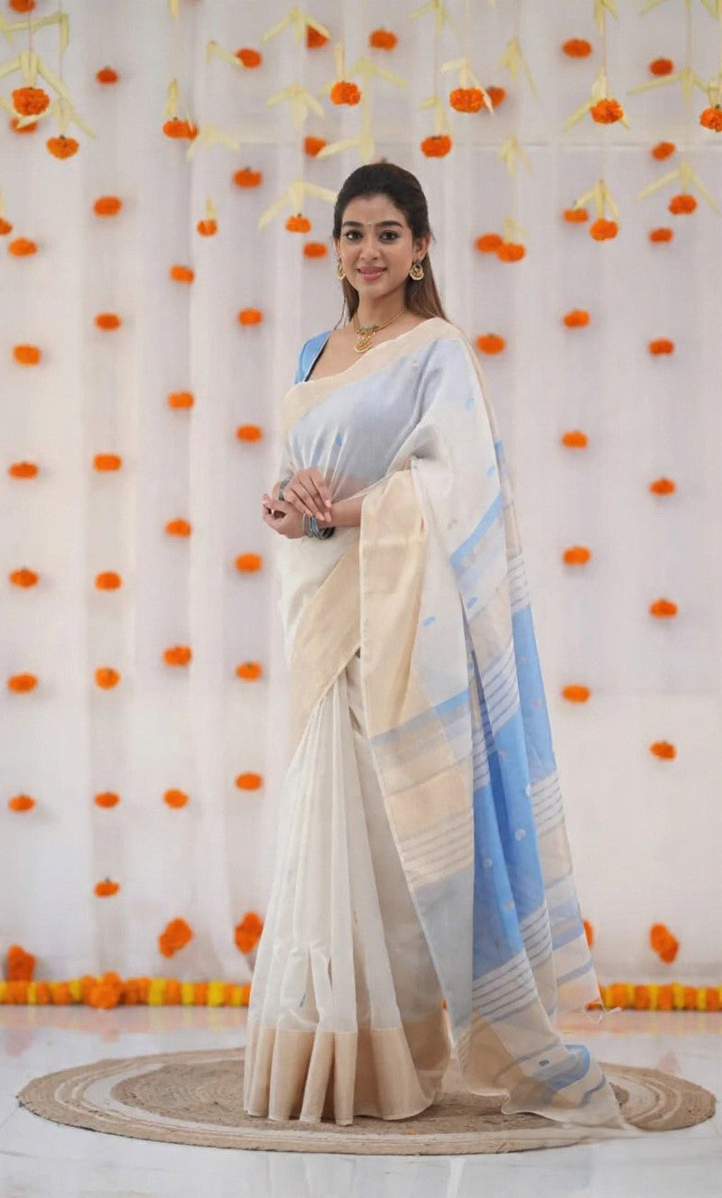 Refined Grace Soft White and Pastel Blue Handloom Saree Ensemble