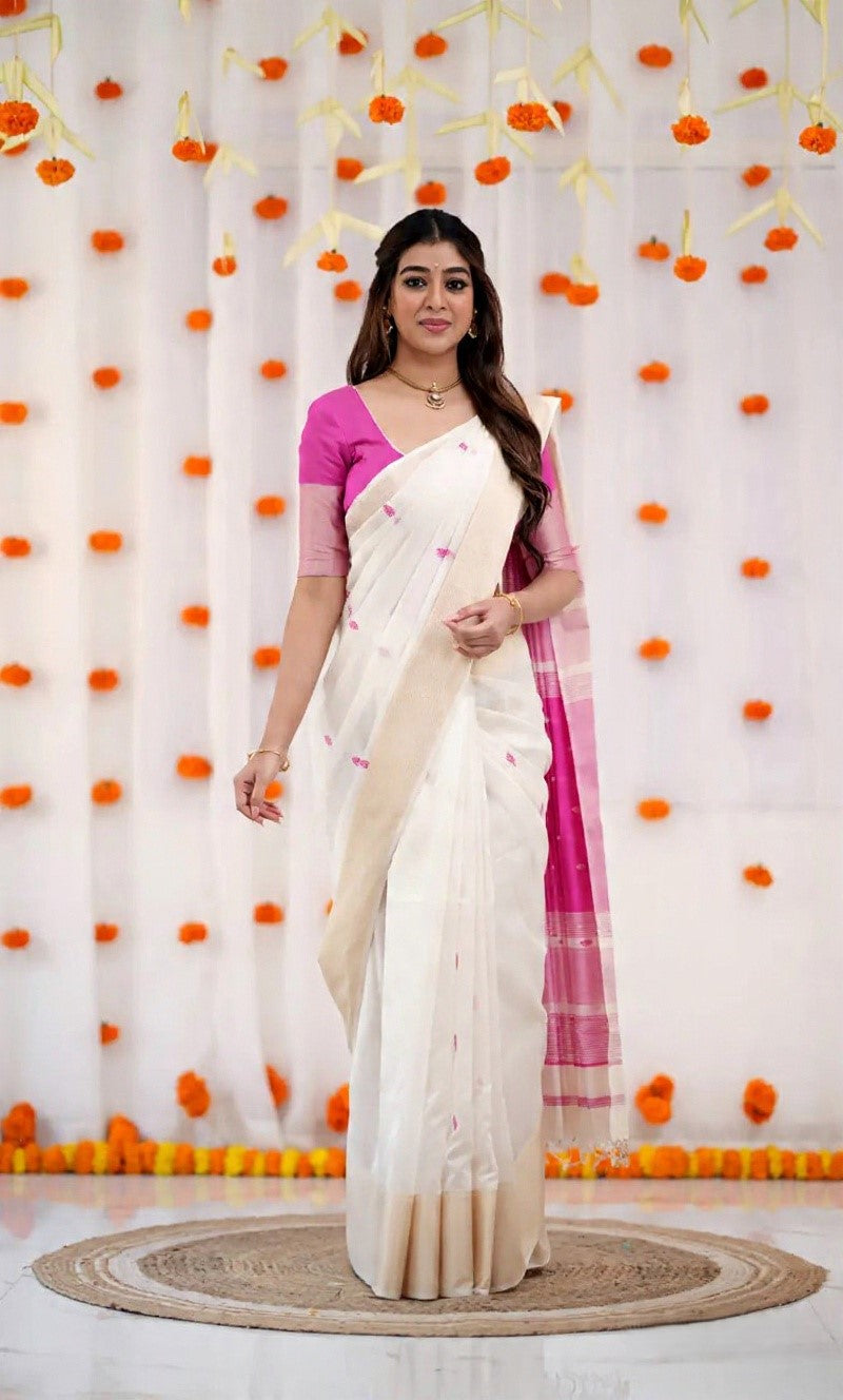 Timeless Grace Classic White and Magenta Handloom Saree