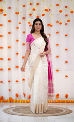 Timeless Grace Classic White and Magenta Handloom Saree