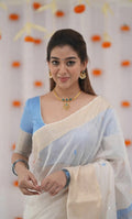 Refined Grace Soft White and Pastel Blue Handloom Saree Ensemble