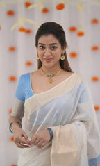Refined Grace Soft White and Pastel Blue Handloom Saree Ensemble