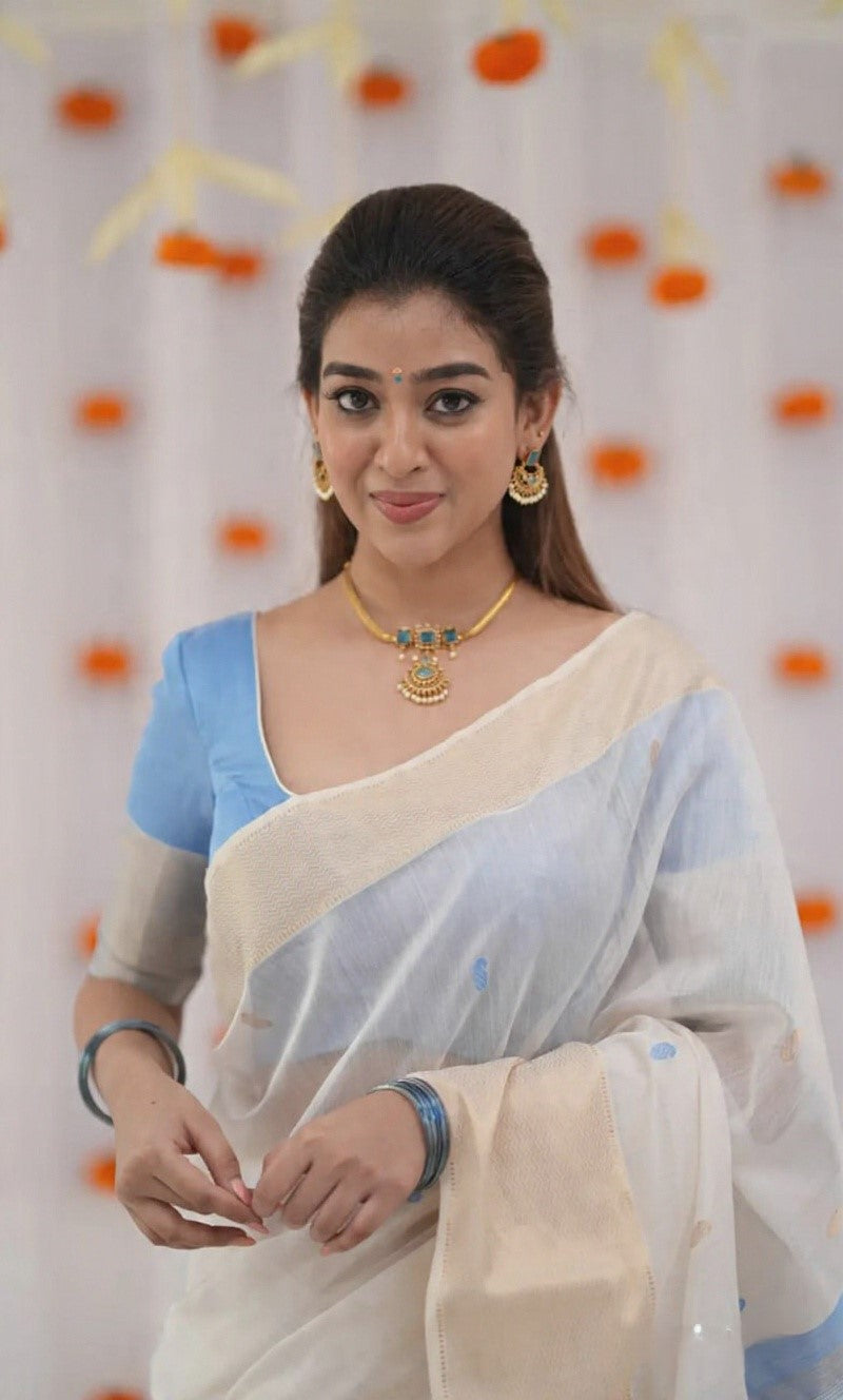 Refined Grace Soft White and Pastel Blue Handloom Saree Ensemble