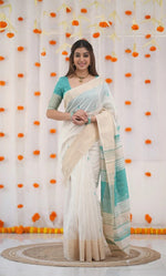 Serene Elegance Classic White and Teal Handloom Saree