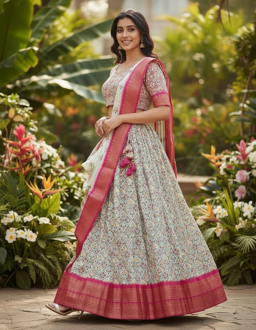 Cream and Magenta Geometric Print Ethnic Lehenga Set with Rich Zari Work