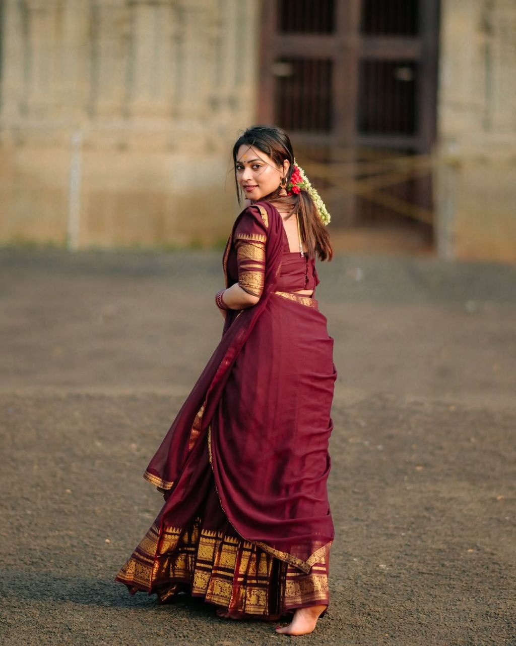 raditional Coffee Brown Silk Lehenga Choli Set with Matching Voni and Floral Zari Work