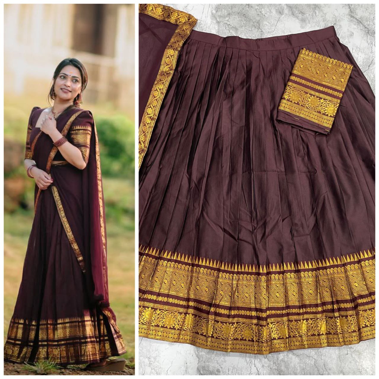 raditional Coffee Brown Silk Lehenga Choli Set with Matching Voni and Floral Zari Work