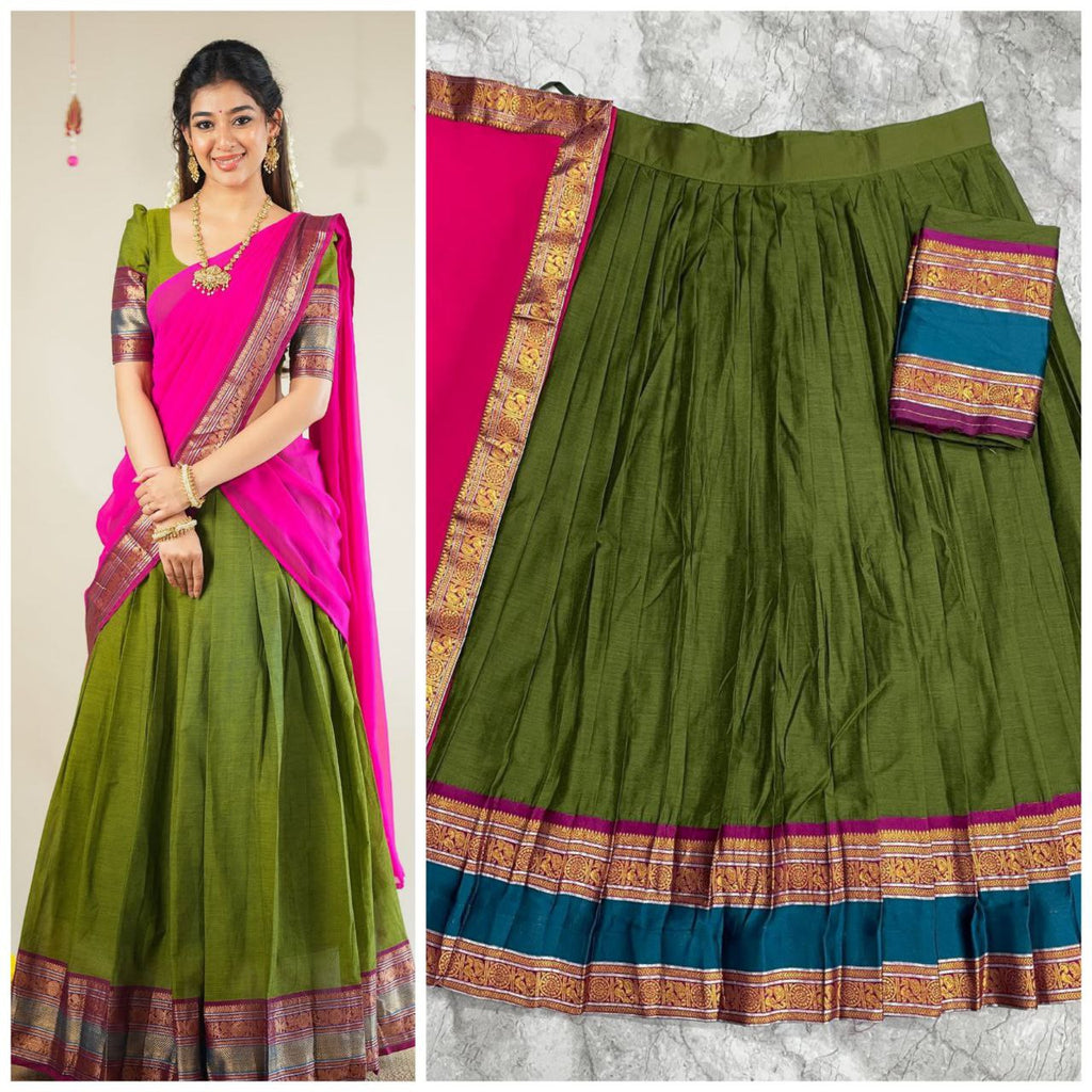 Ethnic Olive Green Silk Lehenga Choli Set with Pink Dupatta and Multicolored Zari Border
