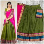 Ethnic Olive Green Silk Lehenga Choli Set with Pink Dupatta and Multicolored Zari Border