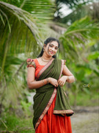 Ethnic Rust and Olive Silk Lehenga Choli Set with Traditional Paisley Border and Matching Voni