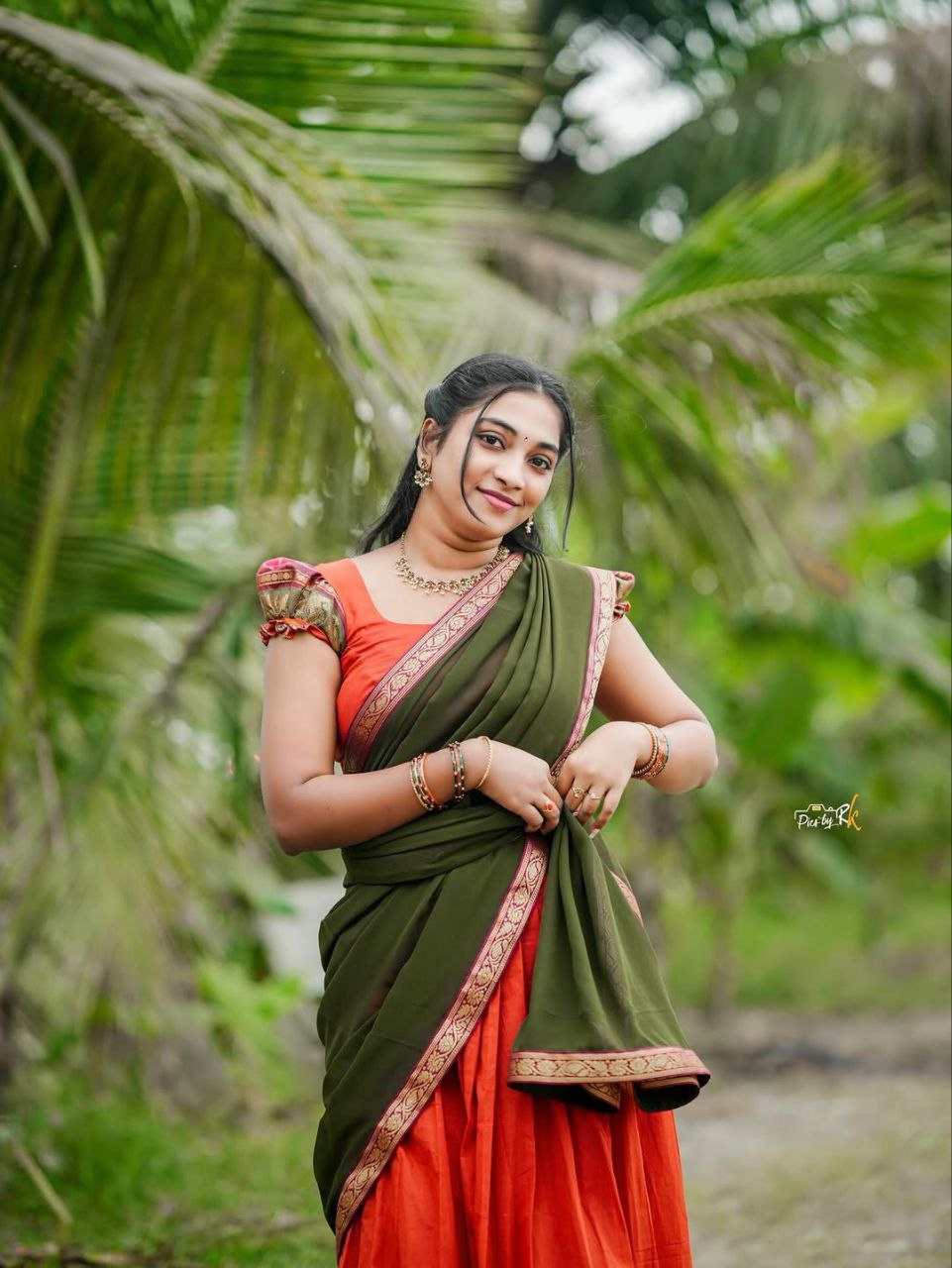 Ethnic Rust and Olive Silk Lehenga Choli Set with Traditional Paisley Border and Matching Voni