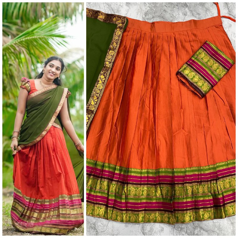 Ethnic Rust and Olive Silk Lehenga Choli Set with Traditional Paisley Border and Matching Voni