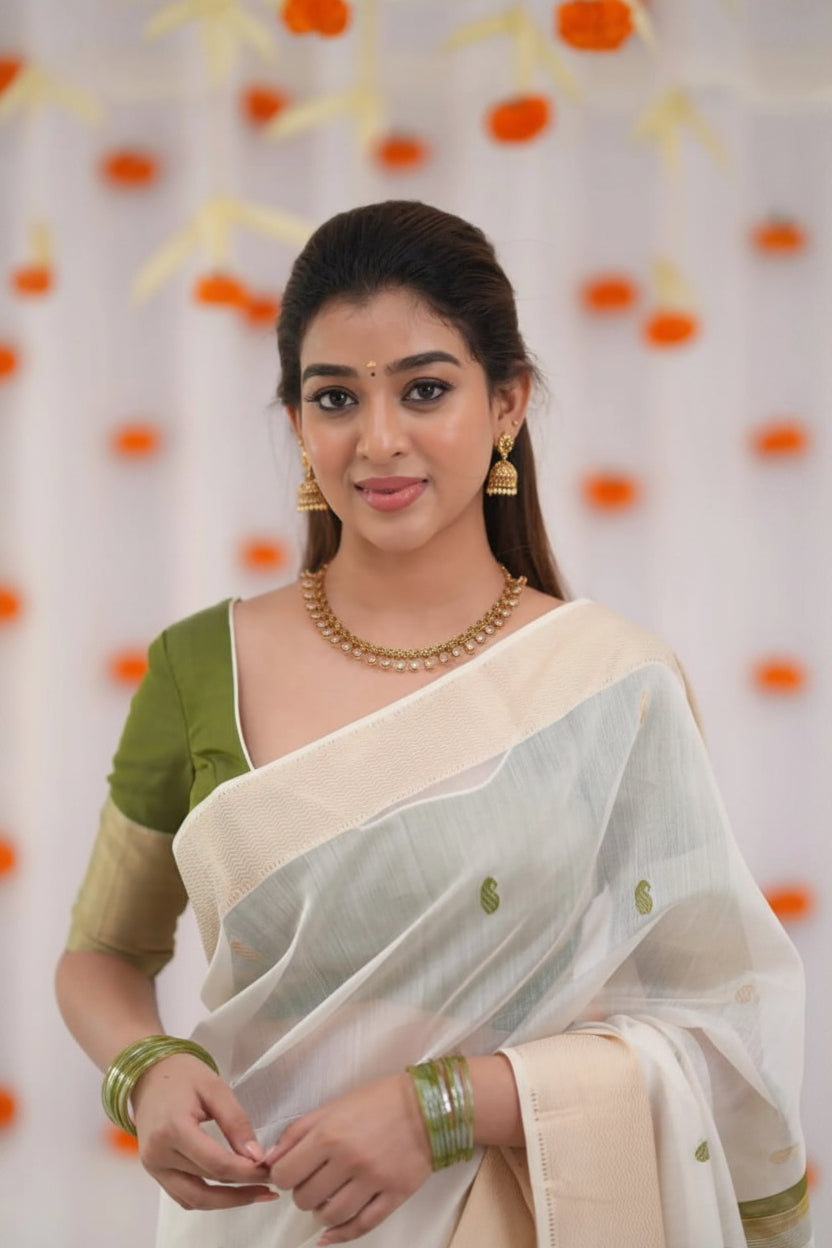 Elegance in Tradition Minimalist White and Olive Green Handloom Saree