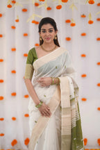 Elegance in Tradition Minimalist White and Olive Green Handloom Saree