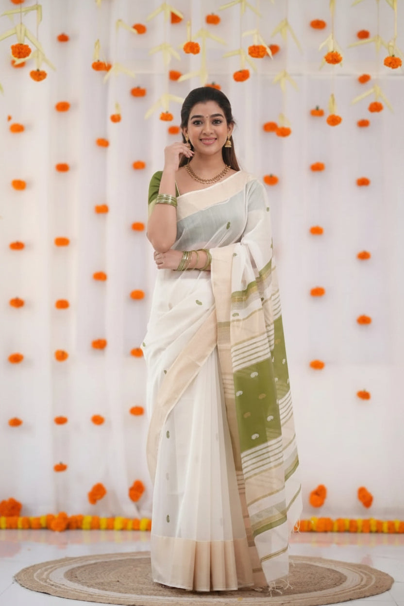 Elegance in Tradition Minimalist White and Olive Green Handloom Saree
