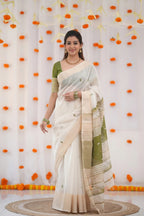 Elegance in Tradition Minimalist White and Olive Green Handloom Saree