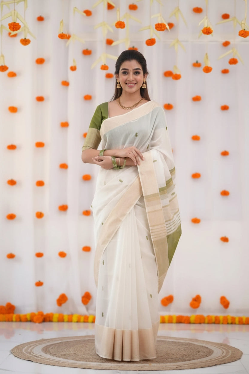 Elegance in Tradition Minimalist White and Olive Green Handloom Saree