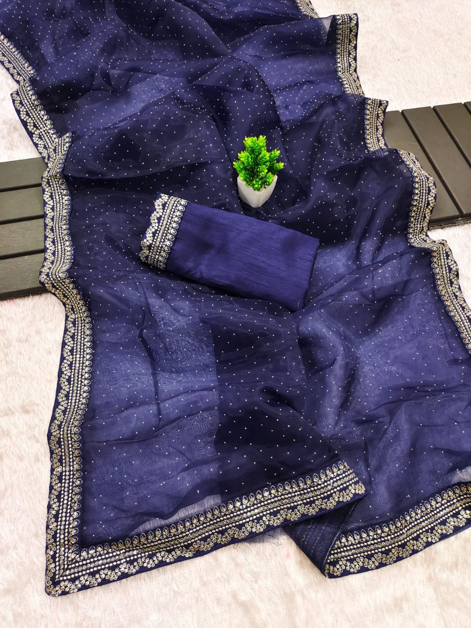 Elegant Navy Blue Embellished Saree with Silver Border Detailing
