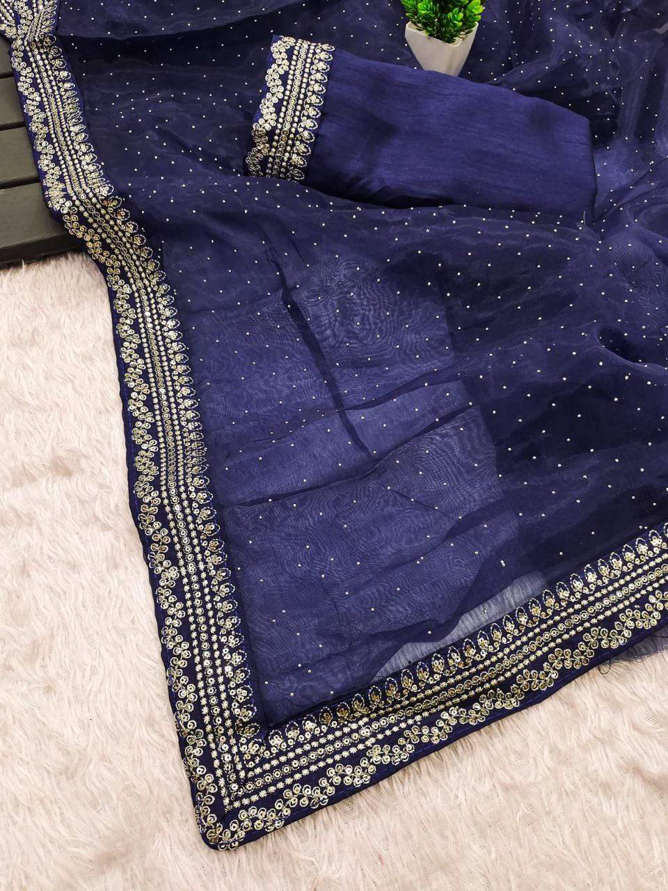 Elegant Navy Blue Embellished Saree with Silver Border Detailing
