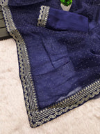 Elegant Navy Blue Embellished Saree with Silver Border Detailing