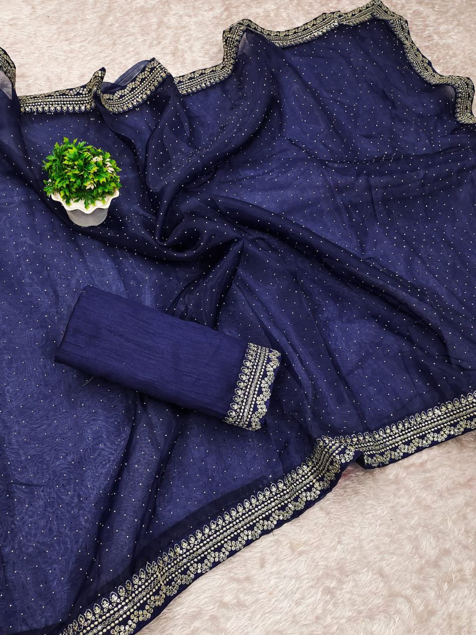 Elegant Navy Blue Embellished Saree with Silver Border Detailing