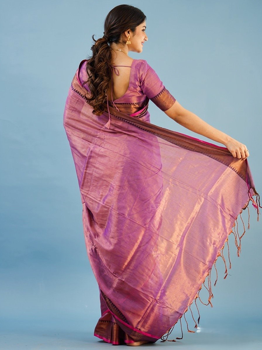 Elegant Purple Silk Saree with Copper Zari Border